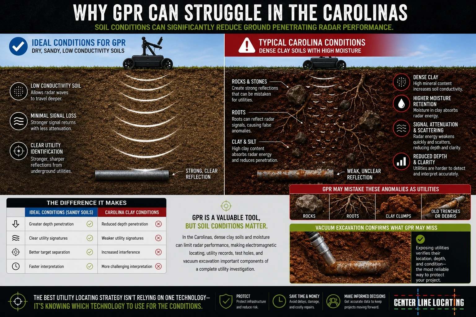 Infographic comparing GPR performance in ideal sandy soil conditions versus typical Carolina dense clay soil conditions, showing how moisture and clay reduce radar signal depth and clarity, with a comparison table and notes on vacuum excavation as a confirmation method. Center Line Locating.